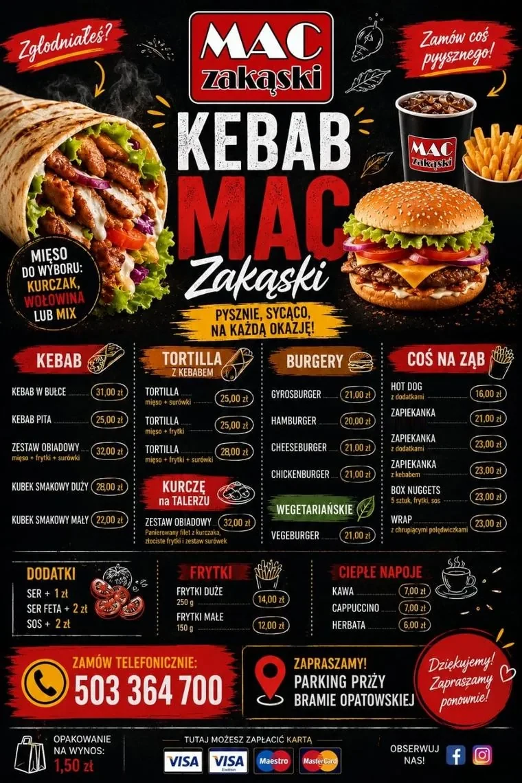 Plakat z pełnym menu i cennikiem MAC Zakąski — kebab, burgery, zapiekanki, Sandomierz